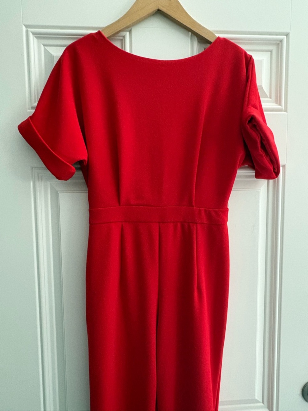 Red Women's Jumpsuit - Cuffed Short Sleeve - Picture 2 of 7